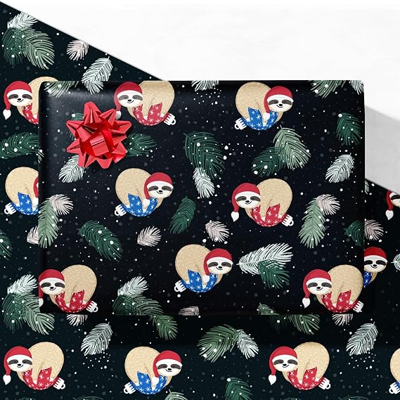 GIOLNIAY Sloth Christmas Wrapping Paper for Boys Girls Kids - Cute Holiday Gift Wrap with Santa Sloths & Pine Branches on Black - 4 Jumbo Sheets, 28" x 40" Each (31 sq. ft ttl), Easy to Store