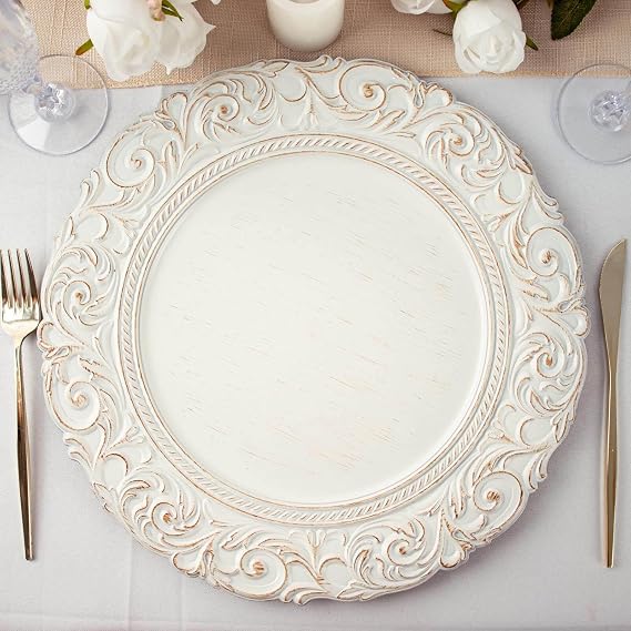 14" Charger Plates - Set of 12 - Antique White Disposable Chargers With Engraved Baroque Rim, Vintage Design Round Acrylic Serving Plate For Wedding Party Events