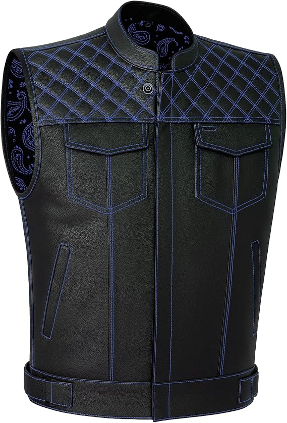 Jackets 4 Bikes SOA Men's Motorcycle Vest, Geniune Buffalo Leather, Back Armor, Inside Pockets, Motorbike Riding Club Vests Paisley Blue M