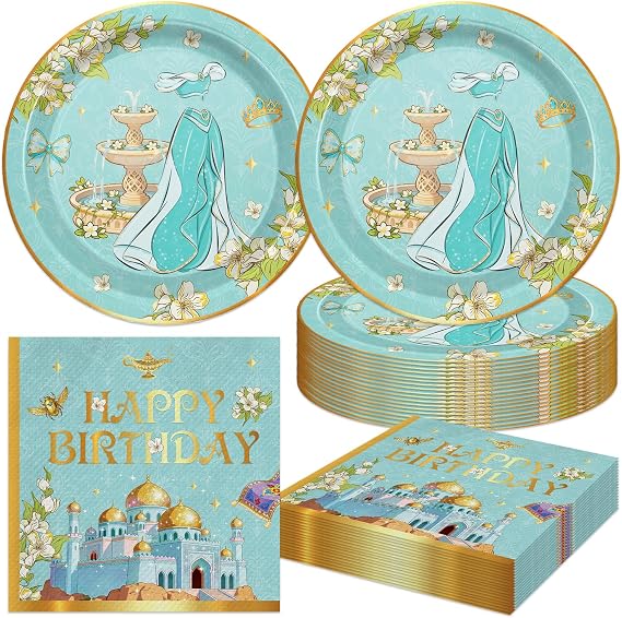 40Pcs Princess Birthday Party Plates and Napkins Tableware Jasmine Supplies for Kids Baby Shower Princess Birthday Party Decorations