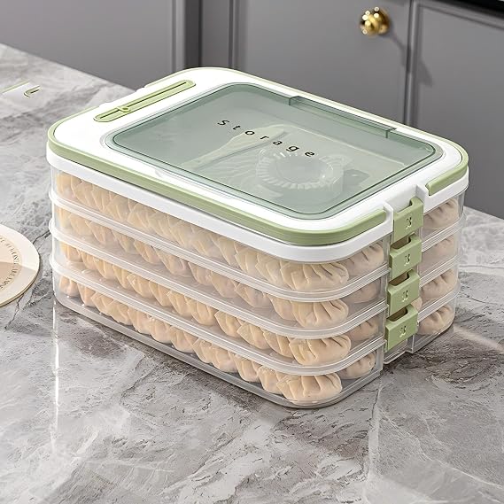 4 Layers Dumplings Storage with Dumpling Maker & Spoon & Dumpling Wrapper Space, Box Organizer Stackable for Various Small Desserts & Cookies with Buckle, Lid & Handle for Fridge, White-Green