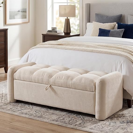 Oversized Ottoman Bench with Storage, Chenille Beige | Oversized Storage Bench,Ottoman Foot Rest