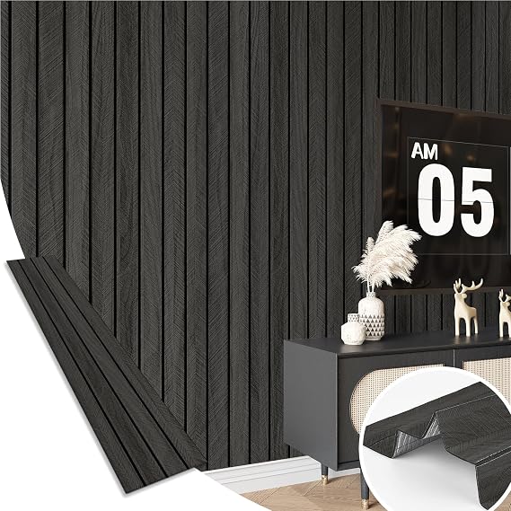 Wood Slat Wall Panel Grey Black 3D Wood Panels for Wall Decor Removable Shiplap Peel and Stick Wallpaper Acoustic Wooden Slat Wallpaper for Bedroom Cabinet Backsplash TV Background Ceiling