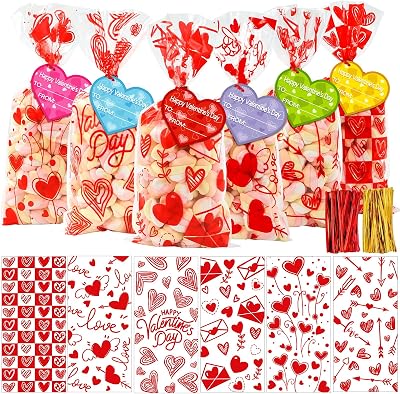 DULEFUN 120pcs Valentines Cellophane Goodie Bags 6 Styles Valentines Day Red Heart Clear Candy Treat Gift Bags with Tags and Twist Ties for Valentines Party Favors Supplies