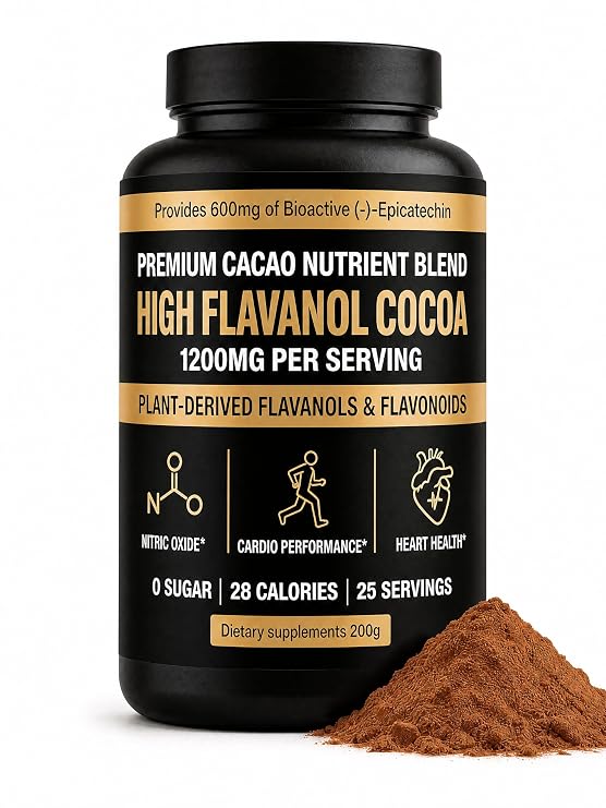 High Flavanol Cocoa Powder - 1200mg per Serving with Cocoa Flavanols & Epicatechin to Improve Circulation, Boost Energy & Elevate Mood - Supports Heart Health, Vegan, Gluten-Free, 200g