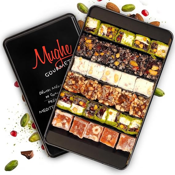 Mughe Gourmet Sultan Turkish Delight Gift Box, 650g (1.44lb) - Authentic Pistachio, Orange, Hazelnut and Almond Lokum - Vegan, Halal Mediterranean Candy in Elegant Metal Tin - Gourmet Gift for Birthdays and Holidays