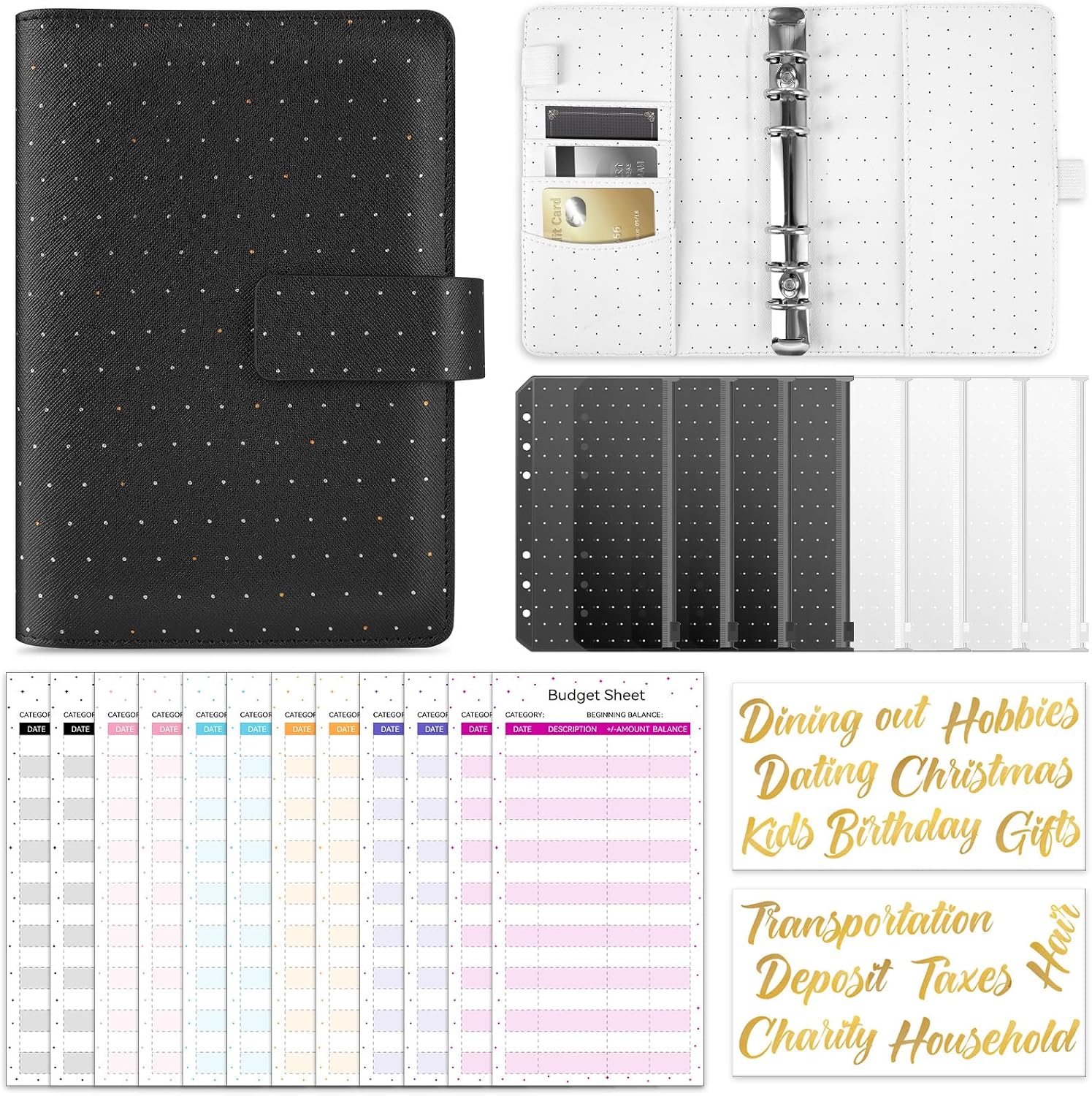 Polka Dots Budget Binder with Cash Envelopes, Sooez A6 Leather Money Organizer for Budgeting & Saving Money, Budget Book Savings Binder with Zipper Envelopes, Expense Sheets, High-end Gift Packaging