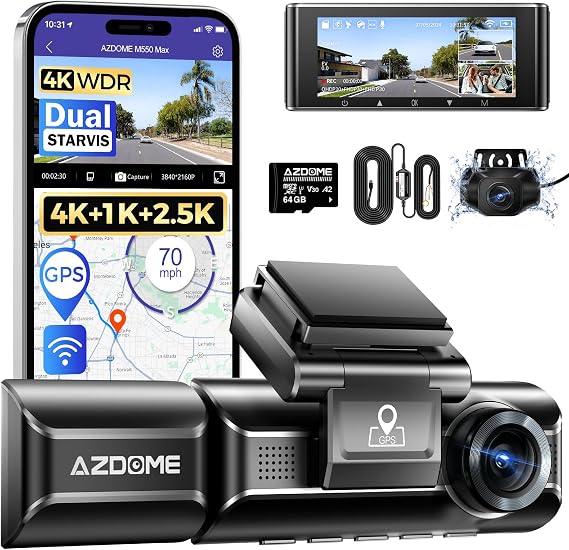 AZDOME M550 Max 4K 3CH Dash Cam with JYX05 Type-C Hardwire Kit for 24/7 Parking Surveillance