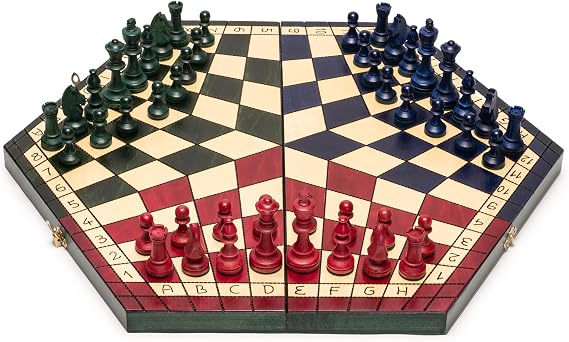Husaria Wooden Three-Player Chess Set 21" Foldable Hexagonal Board with Hand-Carved Tri-Color Pieces & Felt Storage Made in Poland