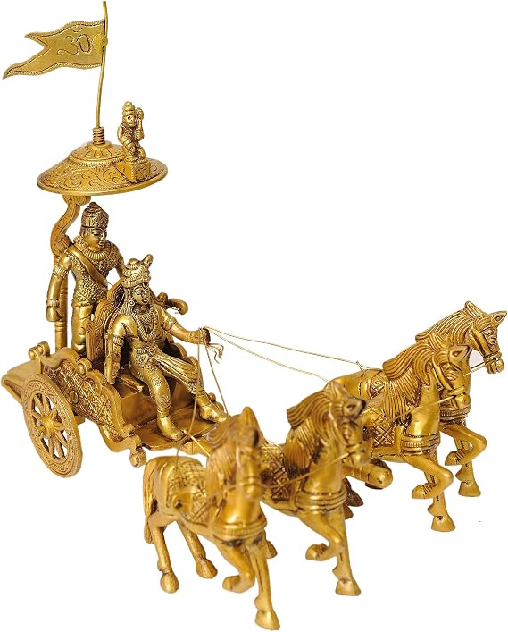Krishna Drives Arjuna's Chariot in The Mahabharata - Brass Statue