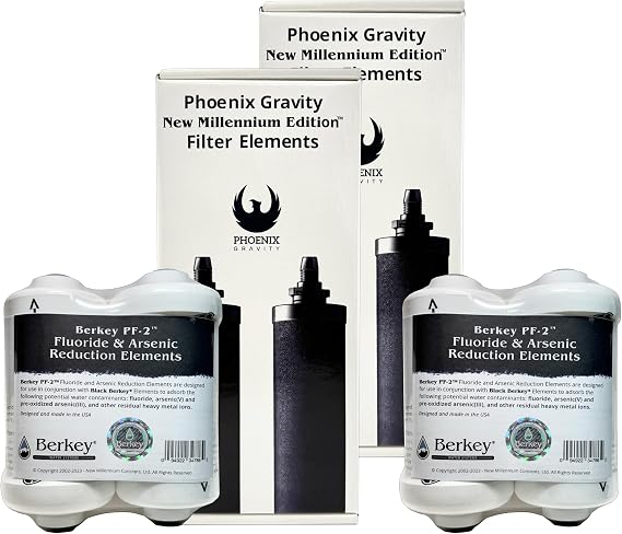 Combo Pack - 4 Berkey PF-2 Fluoride and Arsenic Reduction Elements + 4 NSF 42/372 Certified Phoenix Gravity New Millennium Edition Filter Elements