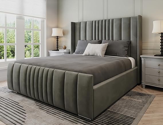 Manhattan Double Bed Frame 4ft6, Modern Plush Velvet Upholstered Panelled Design, Luxury 4ft6 Beds Base with High Headboard, Stylish Bed Frame Double