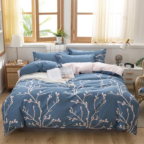 Soft Cotton Bedding Duvet Cover Set Floral Pattern Bedding Sheet Set Comfort Home Bedding Set 4 Pieces for All Season Includes Comforter Cover, Sheet and Pillowcase,Blue,Queen