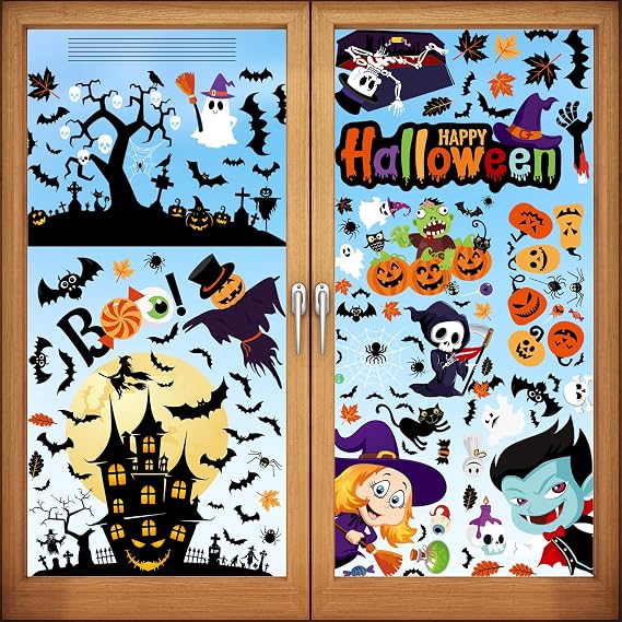 Halloween Window Clings - Decorations and Stickers With Classic Bat Pumpkin Decals for Party