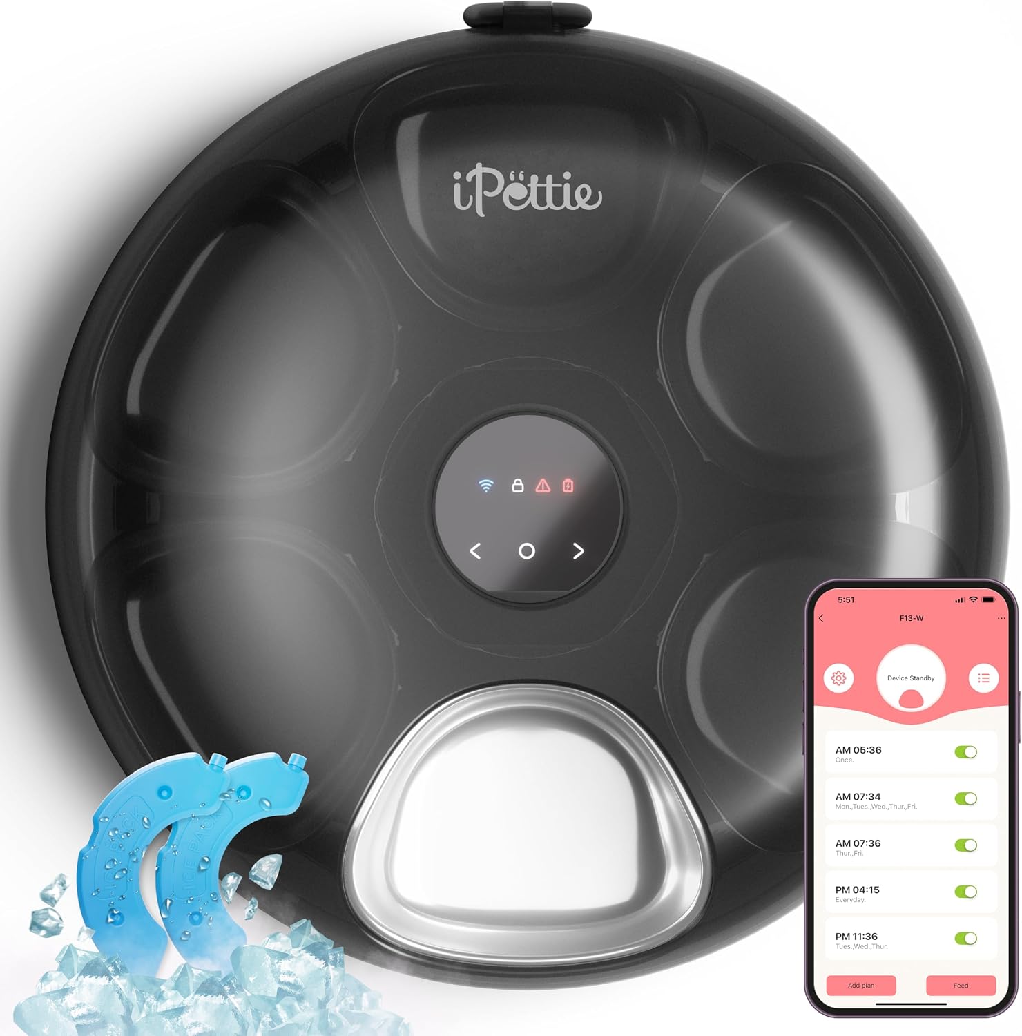 iPettie Donut Frost WiFi Automatic Cat Feeder with App Control, Dry and Wet Food, Intelligent Dog Feeder with Two Ice Packs, Timer