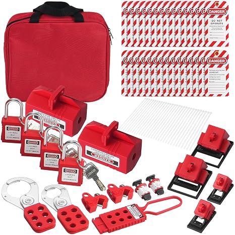 Happybuy Electrical Lockout Tagout Kit, 47 PCS Safety Loto Kit Includes Padlocks, Hasps, Tags, Nylon Ties, Plug Lockouts, Circuit Breaker Lockouts, and Carrying Bag, for Industrial, Electric Power