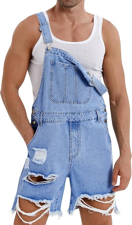 Runcati Mens Denim Shorts Bib Overall Jean Romper Casual Loose Fit Walkshort Button Pockets Summer Jumpersuit