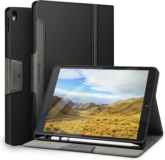 Antbox Case for iPad Pro 10.5 / iPad Air 3, Black | Built-in Pencil Holder Auto Sleep/Wake Function PU Leather