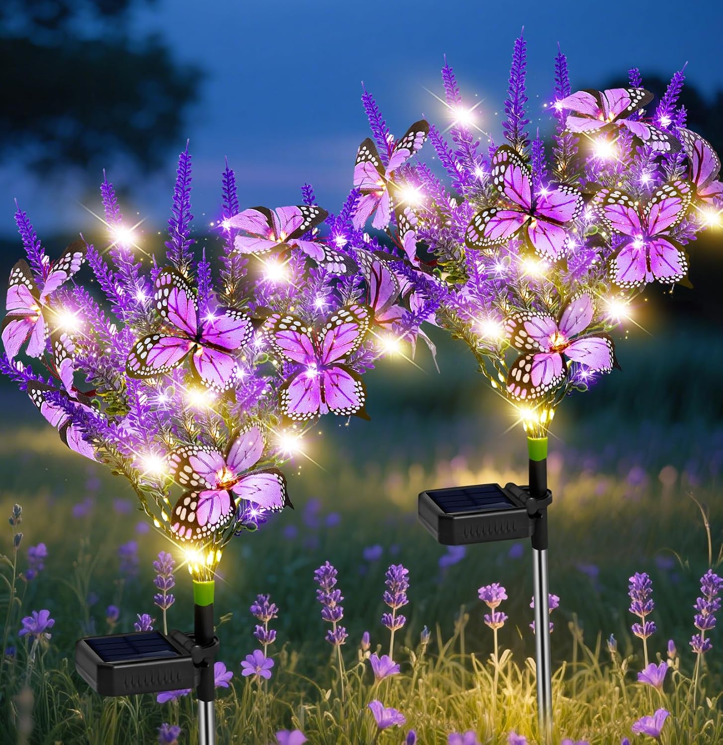 Solar Garden Lights Outdoor 2 Pack Lavender Butterfly Lights, Solar Artificial Flower Outdoor Waterproof Decoration Gardening Gifts for Women, Yard Patio Pathway Lawn Courtyard Decoration