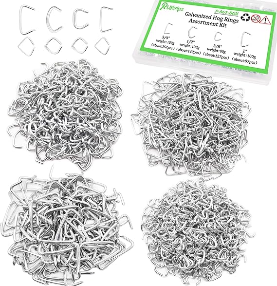 Hog Rings Assortment Kit Professional Upholstery 1" 1/2" 3/4" 3/8"Galvanized Hog Rings Installation Assortment Kit for Animal Pet CagesRopesMeat Bags& Sausage CasingsFurniture Upholstery