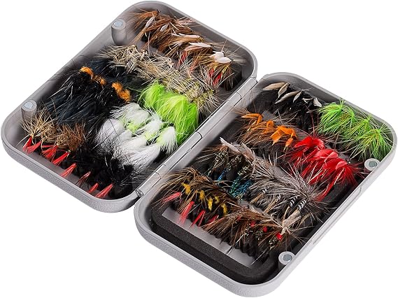 Bassdash Fly Fishing Assorted Flies Kit, Pack of 64 pcs Fly Lure Including Dry Flies, Wet Flies, Nymphs, Streamers, Terrestrials, Leeches and More, with Magnetic Fly Box