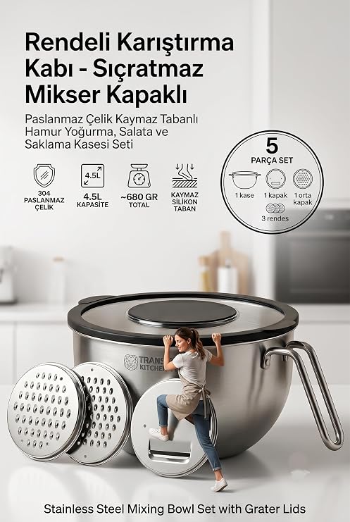 Çok Amaçlı Rendeli Paslanmaz Çelik Karıştırma Kabı - Sıçratmaz Mikser Kapağı ve Saklama Kasesi 4.5L 723130
