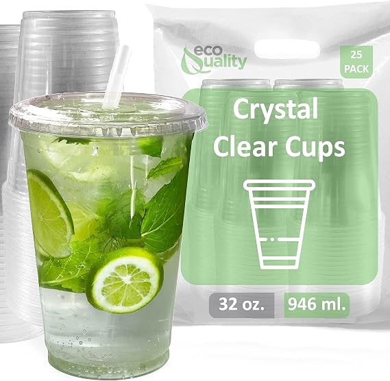 Large Clear Plastic Disposable Cups with Lids & Straws 25 count - 32 oz (ounces) Clear PET Cup for Cold Smoothie, Iced Coffee, Boba, Bubble Tea, Protein Shakes, Cold Drinks,Cups + Flat Lids +Straws