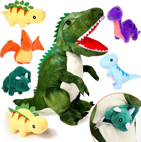 Chalyna 6 Pcs Dinosaur Plush Toy Set with Belly Pouch Stuffed,Dinosaur | 15.7 Inch Large, 5 Minis in Zippered Belly, Soft Cuddly for Boys Girls, Birthday Party Favor, Portable Gift