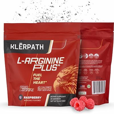 L-Arginine Plus Powder with 5110 mg L-Arginine and 1010 mg L-Citrulline - Nitric Oxide Supplement for Blood Flow and Circulation - Raspberry, 30 Servings