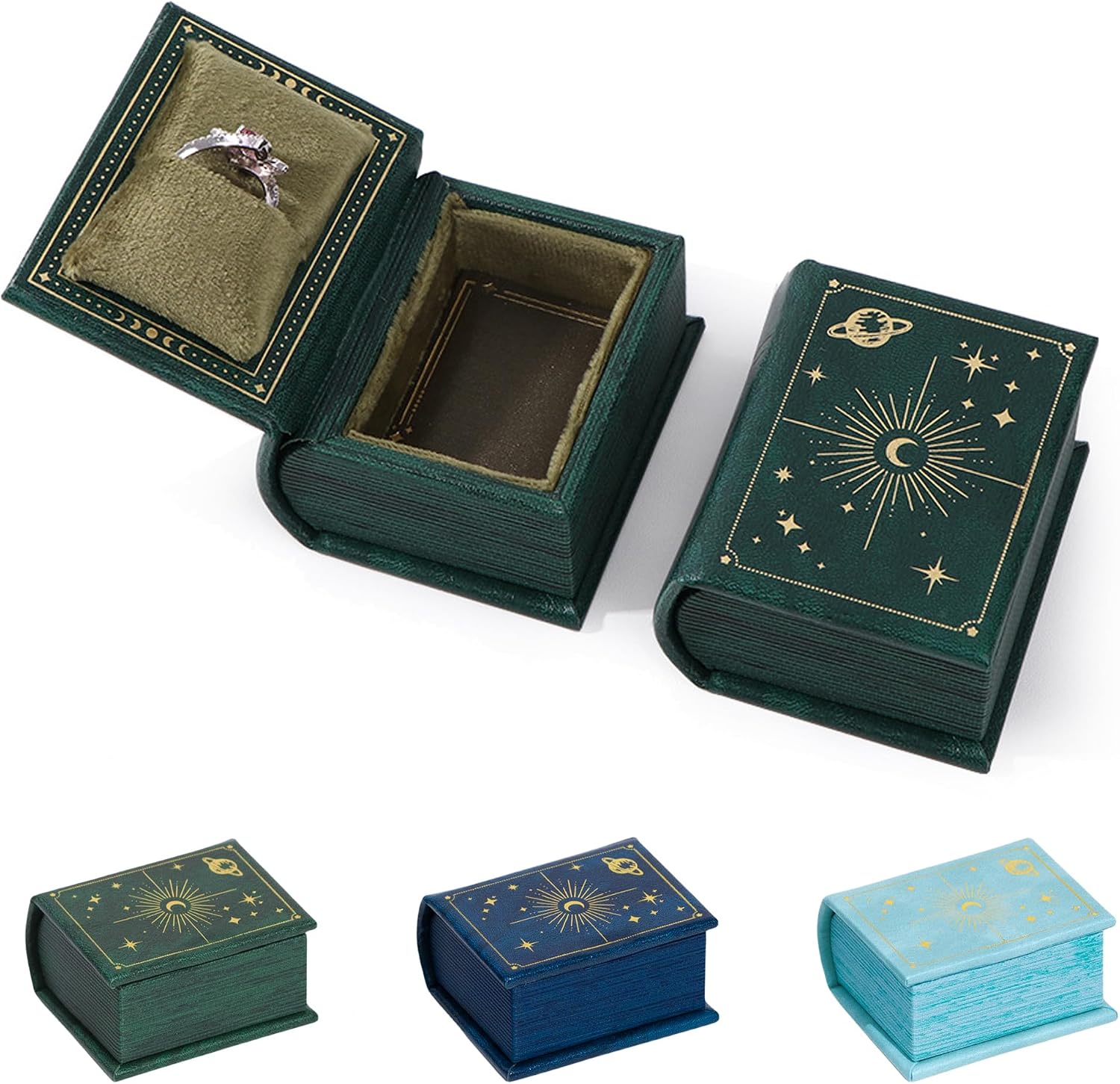 Vintage Magic Book-Shaped Ring Box Starry Sky Pattern PU Leather with Magnetic Closure for Proposal Engagement Gift Green