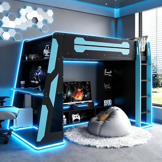 KLMM Twin Size Wood Gaming Loft Bed with Desk, Multi-Storage Shelves and LED,for Kids Teens Adults Bedroom Use (Cloud Blue#LED1, Twin)