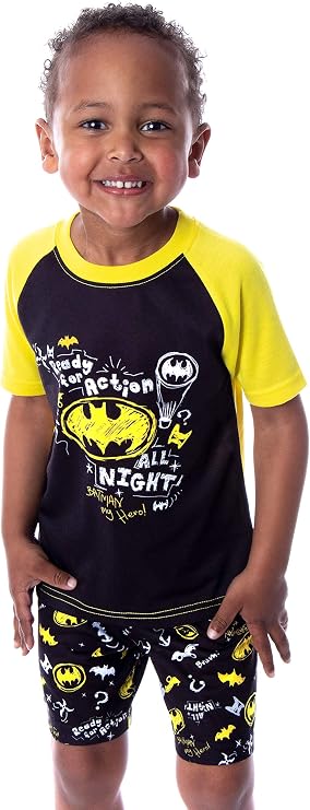 DC Comics Toddler Boys' Batman Pajamas Ready For Action Short Sleeve Shirt and Shorts 2 Piece Superhero Pajama Set