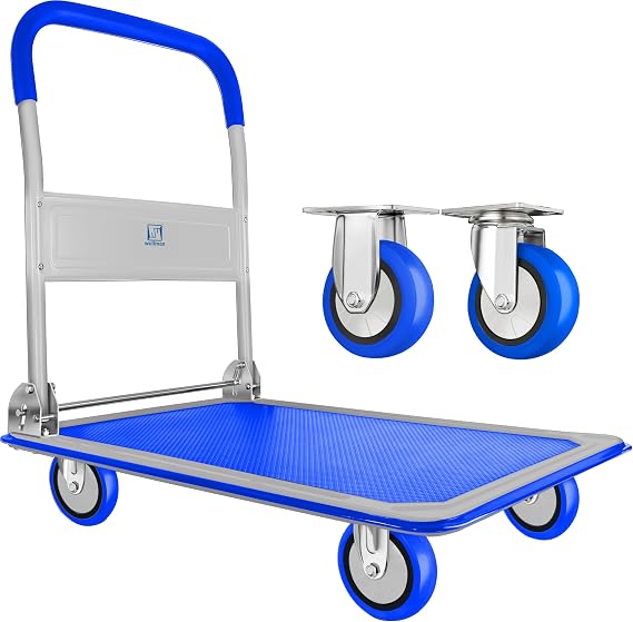 Wellmax Push Cart Dolly, Foldable Moving Platform Flat Cart, 330 lb, Blue | 360 Degree Swivel Wheels, Non-Slip Platform, Folds Flat for Easy Storage, Indoor & Outdoor Use, Hand Truck & Flat Dolly Cart