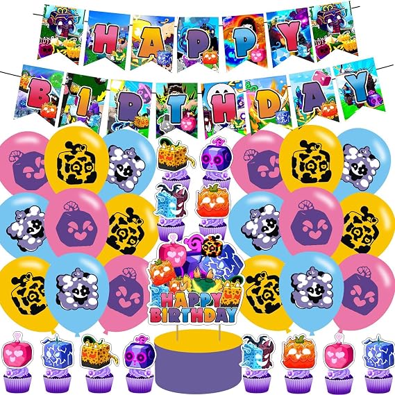 Blox Fruit Party Supplies, Blox Fruit Game Party Decorations includes banner, cake topper and balloons for Blox Game Party Decoration