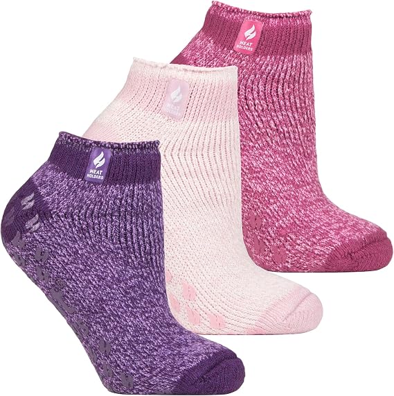 HEAT HOLDERS 3 Pair Multipack Ladies Ankle Slipper Socks Womens Fleece Low Cut Fluffy Socks with Grippers (4-8, Pisa Pink)