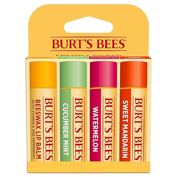 Burt's Bees Lip Balm, Original Beeswax, Cucumber Mint, Watermelon & Sweet Mandarin, With Responsibly Sourced Beeswax, Tint-Free, Natural Origin Treatment, 0.15 oz., Four Tubes