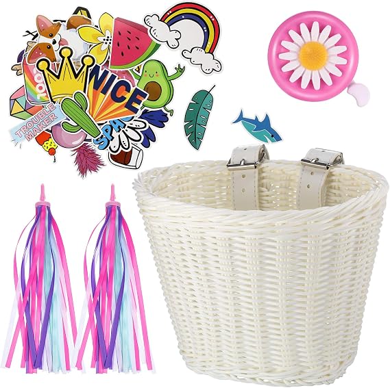 Kid's Bicycle Basket Streamers Set, Children's Bike Handlebar Wicker Basket with Colourful Bike Streamers Bell and Stickers, Bike Decoration Accessories Kit for Girls