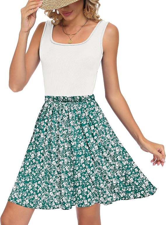 WNEEDU Sleeveless Beach Dress Women's Floral Summer Dress Swing with Pockets Women's sexy mini dress high waist swing dresses stretch ribbed casual dresses scoop neck tank dress light and airy