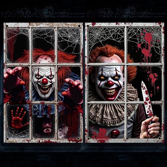 2PCS Halloween Decorations clown Curtain background Killer Clown Decorations, Scary Horror Window Clings, Haunted House Props for Indoor Outdoor Halloween Party, Spooky Trick or Treat Decor