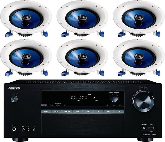 Onkyo 5.2 Channel Full 4K Bluetooth AV Home Theater Receiver + Yamaha Natural High-Performance Moisture Resistant 2-Way 110 watts Surround Sound in-Ceiling Speaker System (Set of 6)