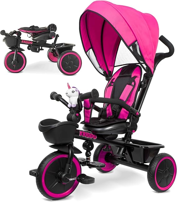 KRIDDO 7-in-1 Push Tricycle w/Parent Steering Handle, Ages 1.5 to 5 Years | Rotatable Seat, Cup Holder, Toddler Tricycle with Retractable Canopy, Detachable Guardrail, Footrest & Safety Harness