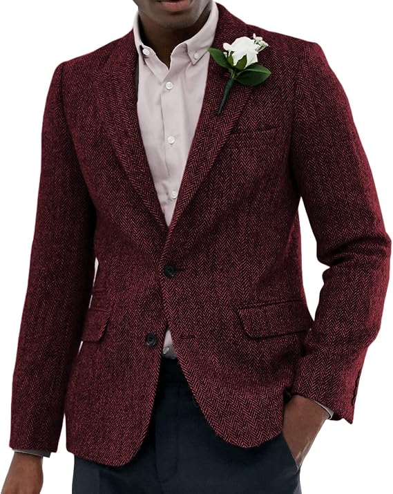SOLOVEDRESS Men's Classic Herringbone Blazer Tweed Coat Tuxedos Suit Jacket For Wedding Groomsmen