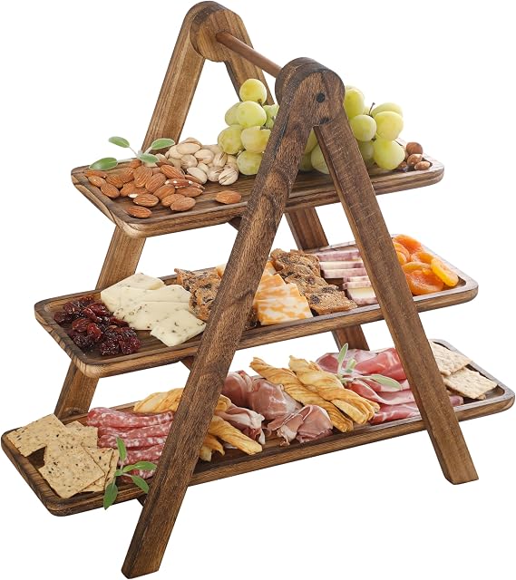 Gibson Home Truss Peak 3 Tier Serving Tray for Party, 18" Acacia Wood Cupcake/Charcuterie/Dessert Farmhouse Tiered Platters with Collapsible Wood Rack