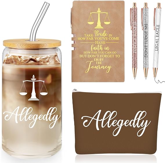 Domensi 6 Pcs Funny Lawyer Gifts Allegedly Essentials for Law School Student 16 oz Glass Cup Tumbler Makeup Bag Notepad Ballpoint for Women Law Paralegal Attorney Passed The Bar Exam Gifts(Brown)
