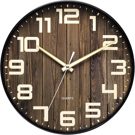 NUOVO 12Inch Wall Clock Dark Brown Number Quartz Large Decorative Silent Wall Clock Countryside Decorative Quiet Clock for Kitchen Home Office
