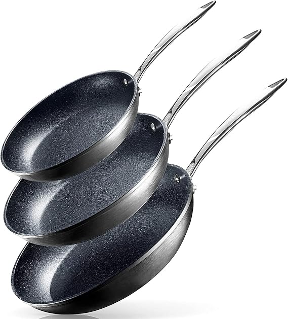 Granitestone 7197 Pro Hard Anodized Set | Skillet 8 Inch, 10 Inch and 12 Inch Cookware, 100 Percent PFOA Free, Oven, Metal Appliance Safe, Ultra Nonstick Frying Pans, Aluminum, Black