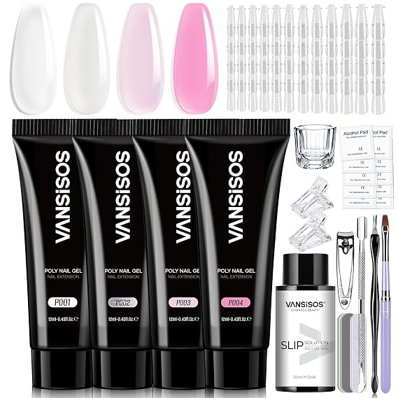 Poly Nail Gel Kit: 4 Colors Pink White Poly Nail Gel Extension with Poly Brush & Slip Solution Nail Kit for Beginners Women DIY at home