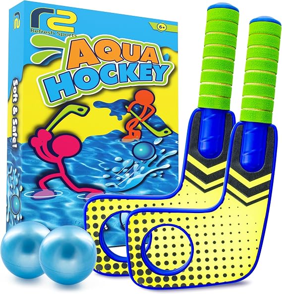 Fun Mini Hockey Sticks Game - Play at the Pool & Beach or in Home - For Kids & Adults All Ages - Use The Floating Soft Paddles to Shoot the Water Skipping Balls -  With 2 Sticks & 2 Balls