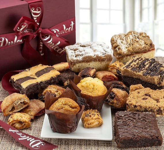 Dulcet Gift Basket Premium Fresh Gourmet Baked Goods Gift Box for All Occasions Assorted Brownies, Crumb Cakes, Rugelach & Muffins Elegant Bakery Dessert Box