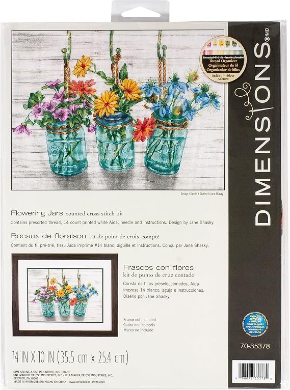 Dimensions 70-35378 Mason Jar Flowers Counted Cross Stitch Kit, 14 Cnt. White Aida Cloth, 14 x 10